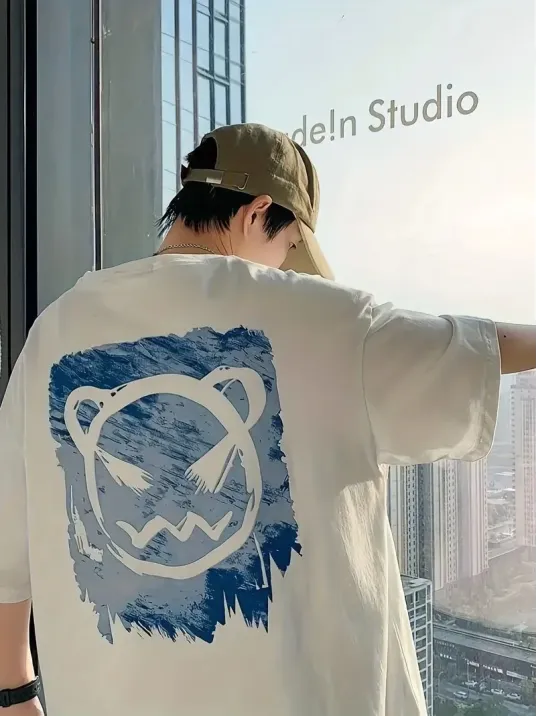 20/1 Penye Compack Bisiklet Yaka Kore tarzı sevimli ayı baskı Kısa Kol Erkek t-shirt - Beyaz