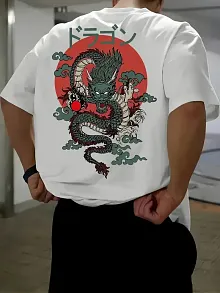 20/1 Penye Compack Ön Arka Ejder Baskılı Oversize Bisiklet Yaka T-shirt - Beyaz