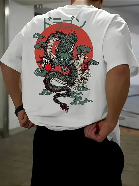 20/1 Penye Compack Ön Arka Ejder Baskılı Oversize Bisiklet Yaka T-shirt - Beyaz