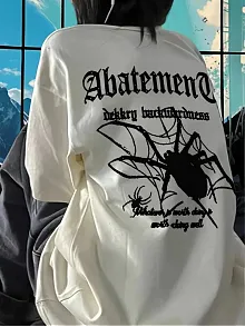 Örümcek Ağı Desenli Baskılı Oversize Bisiklet Yaka T-shirt  - Beyaz