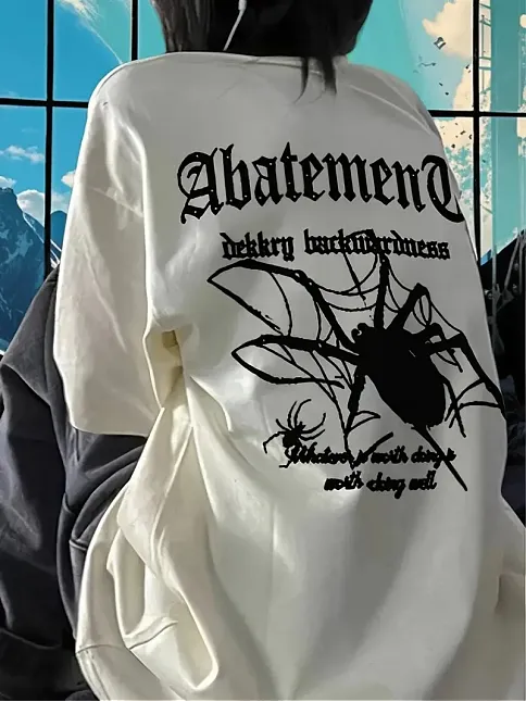 Örümcek Ağı Desenli Baskılı Oversize Bisiklet Yaka T-shirt  - Beyaz