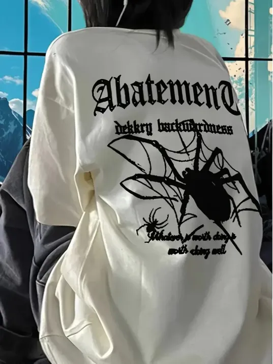 Örümcek Ağı Desenli Baskılı Oversize Bisiklet Yaka T-shirt  - Beyaz Örümcek Ağı Desenli Baskılı Oversize Bisiklet Yaka T-shirt  - Beyaz