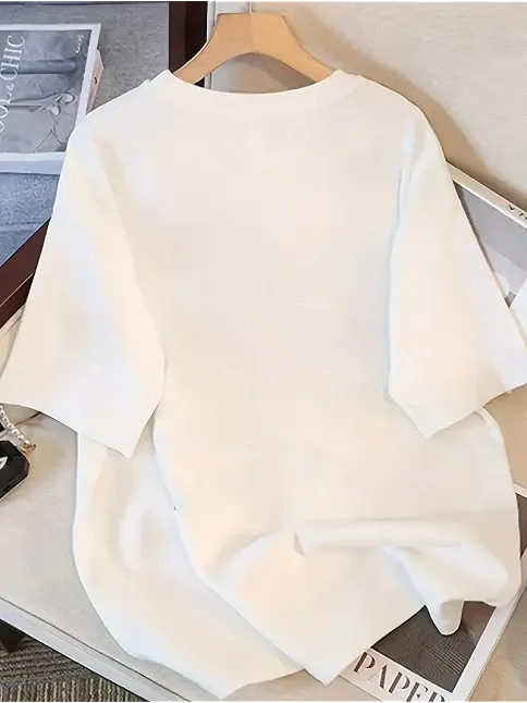 Kadınlar İçin Şık Siyah Kedi Grafik Tişört - Oversize Kısa Kollu Üst, Nefes Alabilir Polyester Karışımı, Makinede Yıkanabilir - Mükemmel Yaz Modası - Beyaz