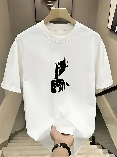 Rahat Bisiklet Yaka Tişört, Yaratıcı Karikatür Baskı - Yumuşak Polyester, Her Mevsim Giyilebilir- Beyaz