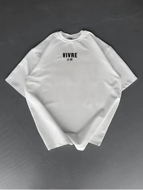 Baskılı Oversize Bisiklet Yaka T-shirt - Beyaz