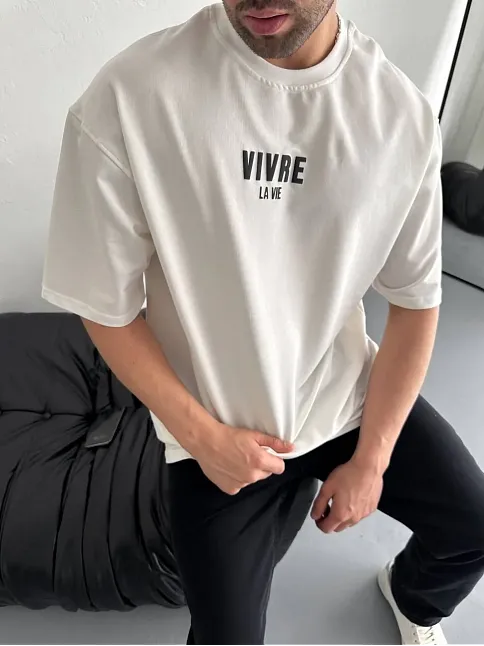 Baskılı Oversize Bisiklet Yaka T-shirt - Beyaz