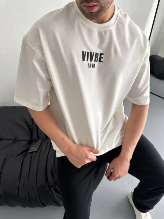 Baskılı Oversize Bisiklet Yaka T-shirt - Beyaz Baskılı Oversize Bisiklet Yaka T-shirt - Beyaz