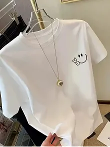 20/1 Penye Compack Gülücük Baskılı Oversize Bisiklet Yaka Kısa Kol Yazlık T-shirt - Beyaz