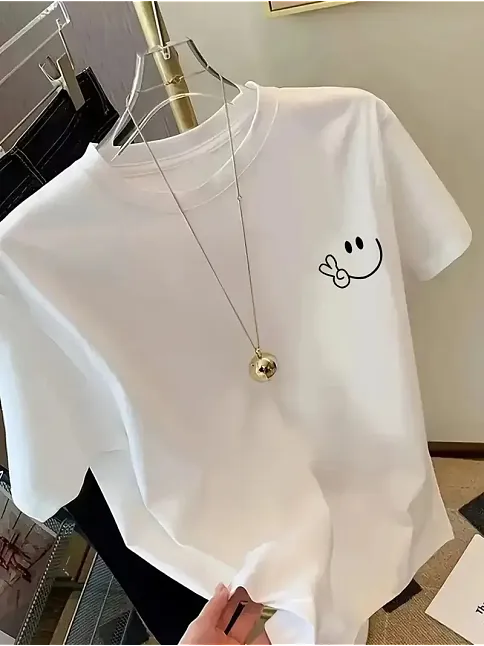 20/1 Penye Compack Gülücük Baskılı Oversize Bisiklet Yaka Kısa Kol Yazlık T-shirt - Beyaz