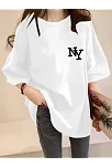 Kadın Eğlenceli Harf Ny Baskılı Bisiklet Yaka Tişört - Rahat Polyester, Makinede Yıkanabilir - Yaz Ve Fitness İçin Mükemmel, Yuvarlak Yaka- Beyaz