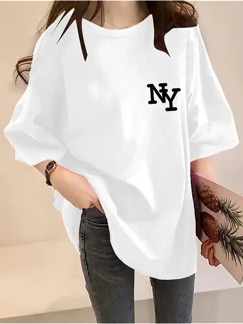 Kadın Eğlenceli Harf Ny Baskılı Bisiklet Yaka Tişört - Rahat Polyester, Makinede Yıkanabilir - Yaz Ve Fitness İçin Mükemmel, Yuvarlak Yaka- Beyaz