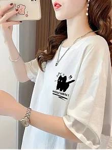 20/1 Penye Compack Tatlı Kedi Baskılı Oversize Bisiklet Yaka T-shirt - Beyaz
