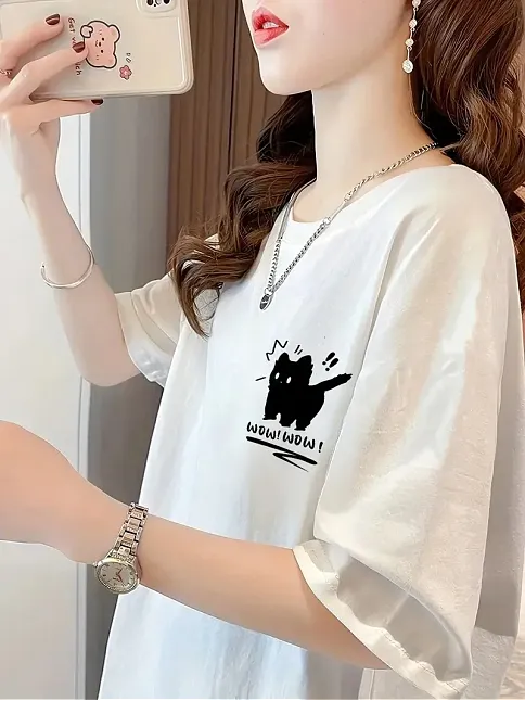 20/1 Penye Compack Tatlı Kedi Baskılı Oversize Bisiklet Yaka T-shirt - Beyaz
