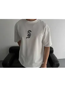 Baskılı Oversize Bisiklet Yaka T-shirt - Beyaz