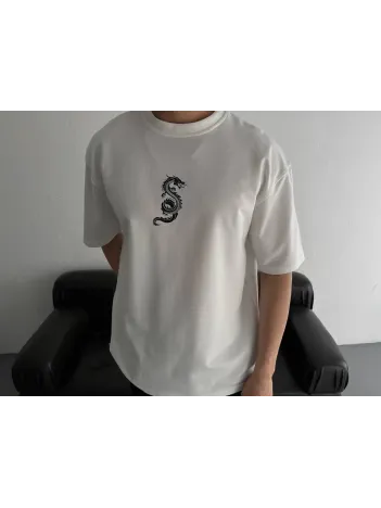 Baskılı Oversize Bisiklet Yaka T-shirt - Beyaz