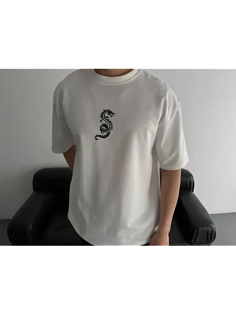 Baskılı Oversize Bisiklet Yaka T-shirt - Beyaz