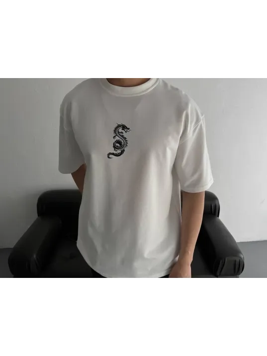 Baskılı Oversize Bisiklet Yaka T-shirt - Beyaz Baskılı Oversize Bisiklet Yaka T-shirt - Beyaz