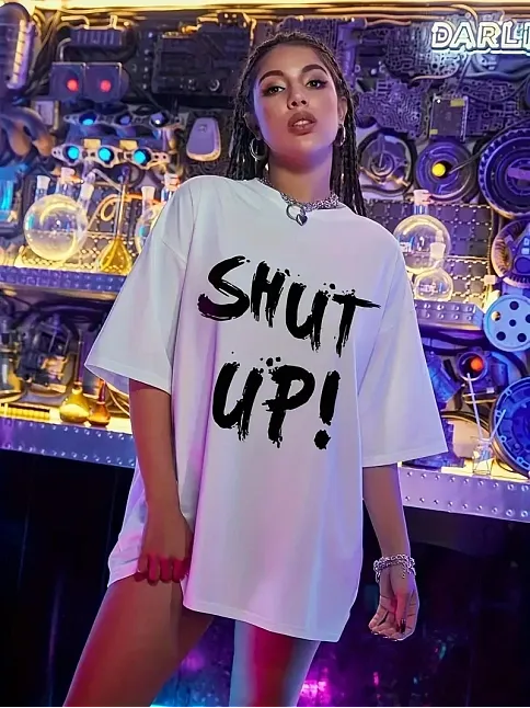 20/1 Penye Compack Oversize Beyaz Shut Up Kısa Kol Yazlık Tişört - Beyaz