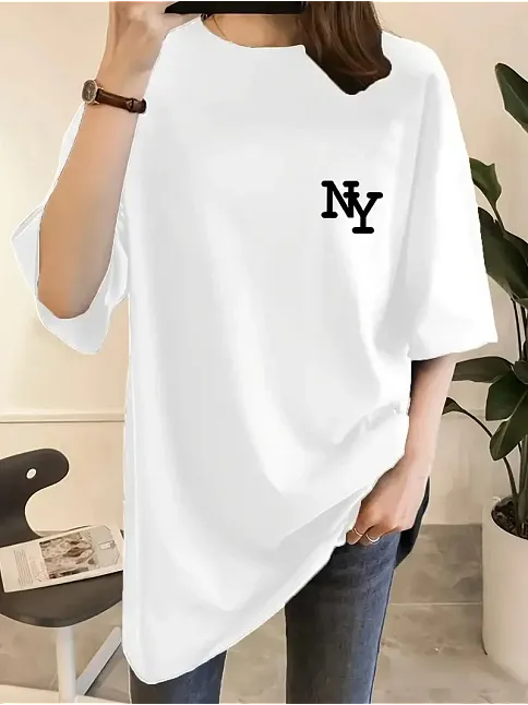 Kadın Eğlenceli Harf Ny Baskılı Bisiklet Yaka Tişört - Rahat Polyester, Makinede Yıkanabilir - Yaz Ve Fitness İçin Mükemmel, Yuvarlak Yaka- Beyaz