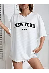 20/1 Penye Compacknew York Baskılı Oversize Kısa Kol Bisiklet Yaka T-shirt - Beyaz