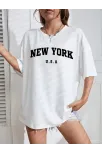 20/1 Penye Compacknew York Baskılı Oversize Kısa Kol Bisiklet Yaka T-shirt - Beyaz 20/1 Penye Compacknew York Baskılı Oversize Kısa Kol Bisiklet Yaka T-shirt - Beyaz