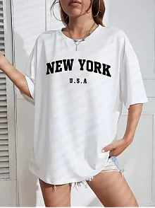 20/1 Penye Compacknew York Baskılı Oversize Kısa Kol Bisiklet Yaka T-shirt - Beyaz