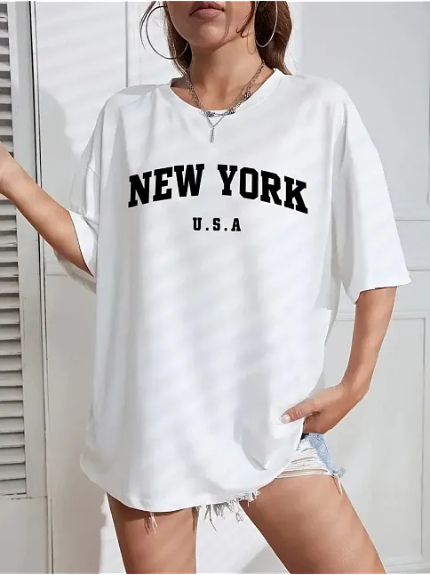 20/1 Penye Compacknew York Baskılı Oversize Kısa Kol Bisiklet Yaka T-shirt - Beyaz