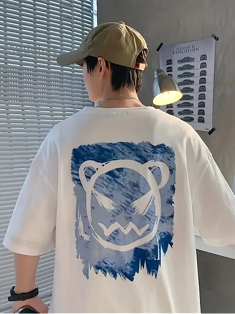 20/1 Penye Compack Bisiklet Yaka Kore Tarzı Sevimli Ayı Baskı Kısa Kol Erkek T-shirt - Beyaz