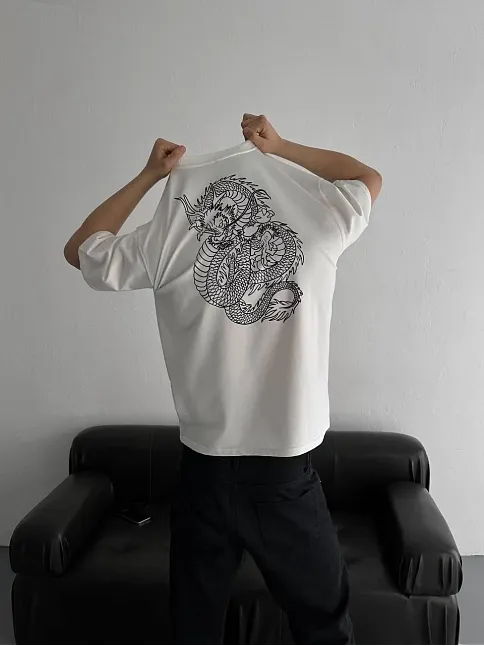 Baskılı Oversize Bisiklet Yaka T-shirt - Beyaz