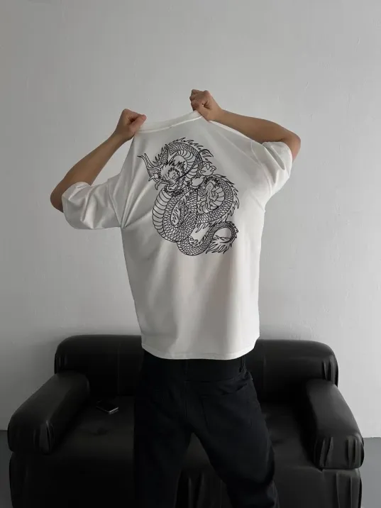 Baskılı Oversize Bisiklet Yaka T-shirt - Beyaz Baskılı Oversize Bisiklet Yaka T-shirt - Beyaz