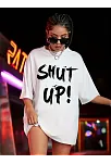 20/1 Penye Compack Oversize Beyaz Shut Up Kısa Kol Yazlık Tişört - Beyaz