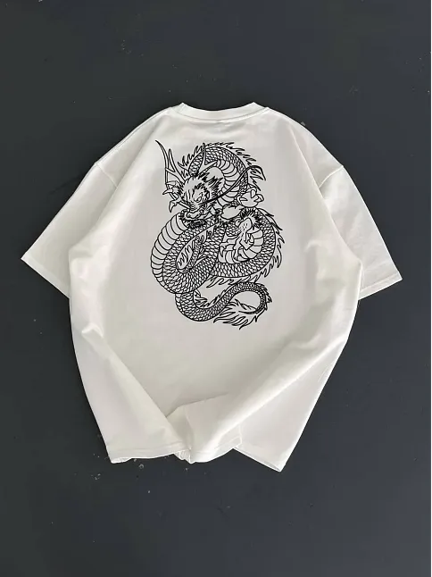 Baskılı Oversize Bisiklet Yaka T-shirt - Beyaz