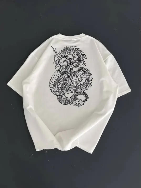 Baskılı Oversize Bisiklet Yaka T-shirt - Beyaz Baskılı Oversize Bisiklet Yaka T-shirt - Beyaz