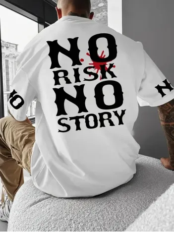 No Risk No Story Baskılı Oversize Bisiklet Yaka T-shirt - Beyaz No Risk No Story Baskılı Oversize Bisiklet Yaka T-shirt - Beyaz