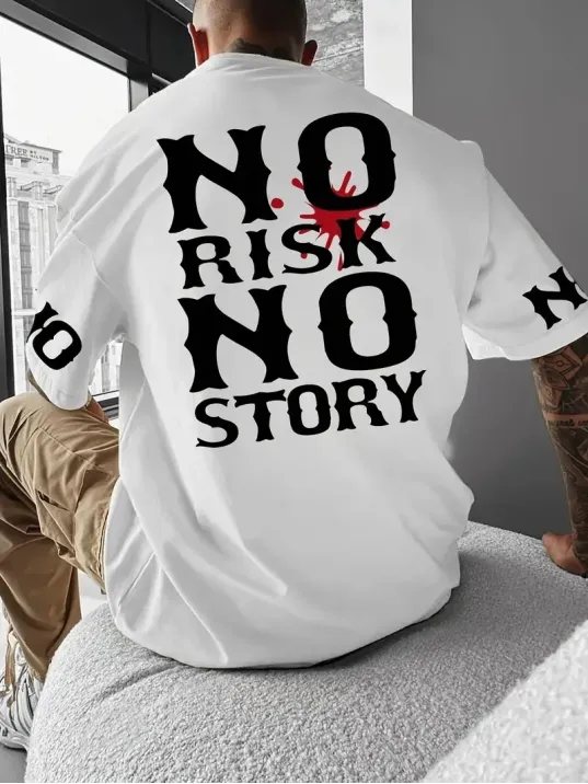 No Risk No Story Baskılı Oversize Bisiklet Yaka T-shirt - Beyaz No Risk No Story Baskılı Oversize Bisiklet Yaka T-shirt - Beyaz