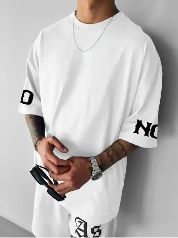 No Risk No Story Baskılı Oversize Bisiklet Yaka T-shirt - Beyaz