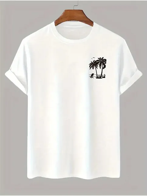 20/1 Penye Compack Palmiye Ön Baskılı Oversize Bisiklet Yaka Kısa Kol Yazlık T-shirt - Beyaz
