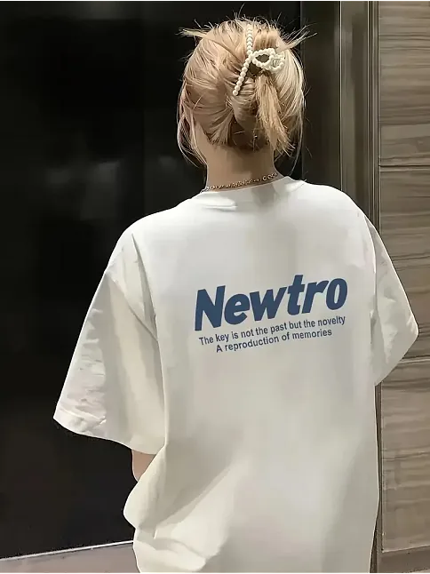 Newtro Baskılı Oversize Bisiklet Yaka T-shirt - Beyaz