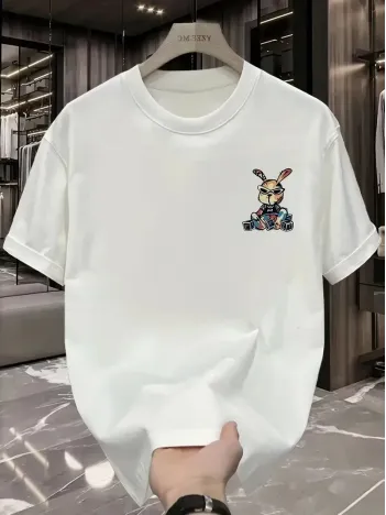 Güneş Gözlüğü Grafikli Karikatür Tavşan Oversize Kısa Kollu Tişört Çift Tişört, İlkbahar Ve Yaz - Beyaz