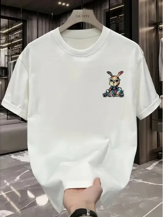 Güneş Gözlüğü Grafikli Karikatür Tavşan Oversize Kısa Kollu Tişört Çift Tişört, İlkbahar Ve Yaz - Beyaz
