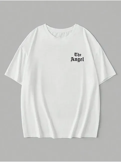 20/1 Penye Compack Dark Angel Baskılı Oversize Kısa Kol Yazlık T-shirt- Beyaz