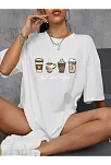20/1 Penye Compack Baskılı Oversize Kahve Desenli Kadın Kısa Kol T-shirt - Beyaz