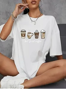 20/1 Penye Compack Baskılı Oversize Kahve Desenli Kadın Kısa Kol T-shirt - Beyaz