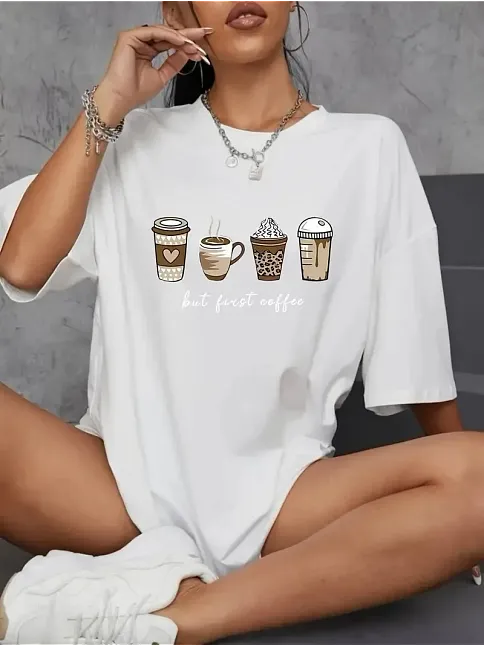20/1 Penye Compack Baskılı Oversize Kahve Desenli Kadın Kısa Kol T-shirt - Beyaz