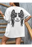 20/1 Penye Compack Dark Angel Baskılı Oversize Kısa Kol Yazlık T-shirt- Beyaz