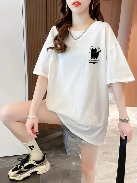 20/1 Penye Compack Tatlı Kedi Baskılı Oversize Bisiklet Yaka T-shirt - Beyaz 20/1 Penye Compack Tatlı Kedi Baskılı Oversize Bisiklet Yaka T-shirt - Beyaz