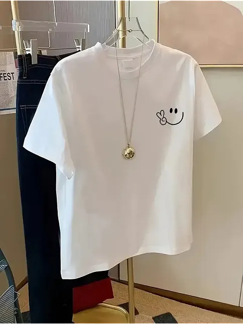 20/1 Penye Compack Gülücük Baskılı Oversize Bisiklet Yaka Kısa Kol Yazlık T-shirt - Beyaz