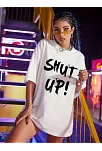 20/1 Penye Compack Oversize Beyaz Shut Up Kısa Kol Yazlık Tişört - Beyaz