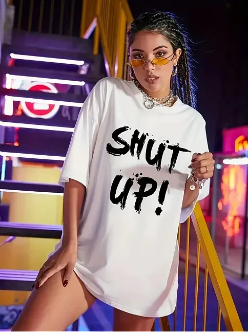 20/1 Penye Compack Oversize Beyaz Shut Up Kısa Kol Yazlık Tişört - Beyaz