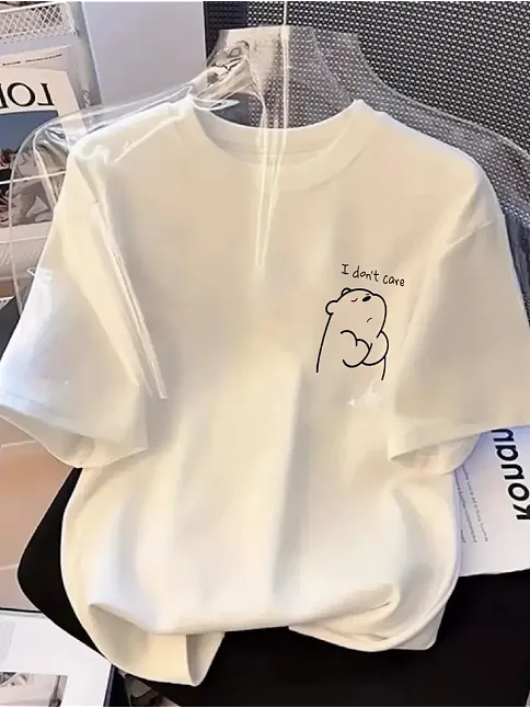 Kadın Ayı Baskılı "Umrumda Değil" Bol Kesim Günlük T-Shirt Beyaz